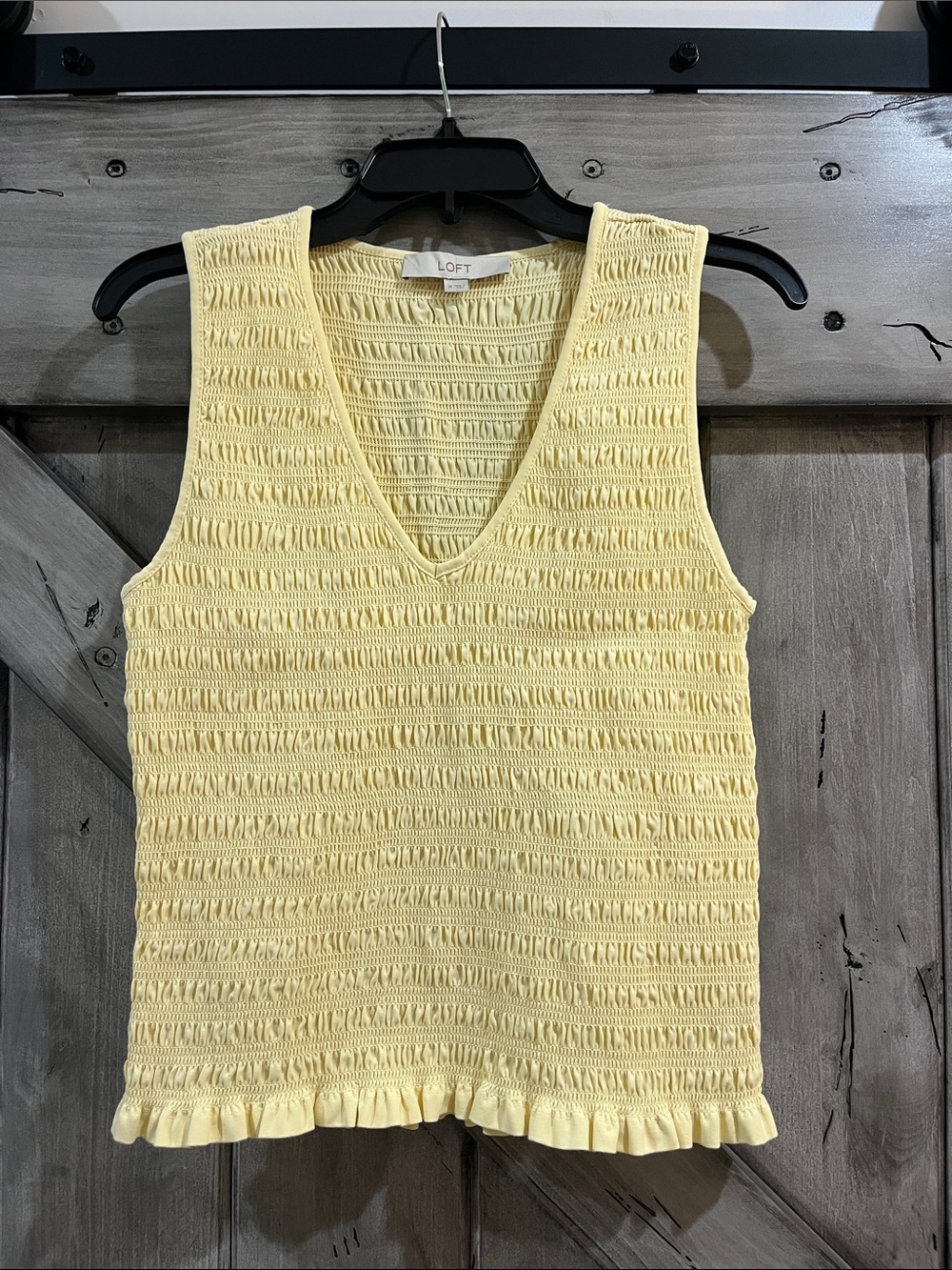 LOFT Pale Yellow Smocked V-Neck Tank Top with Ruffle Hem